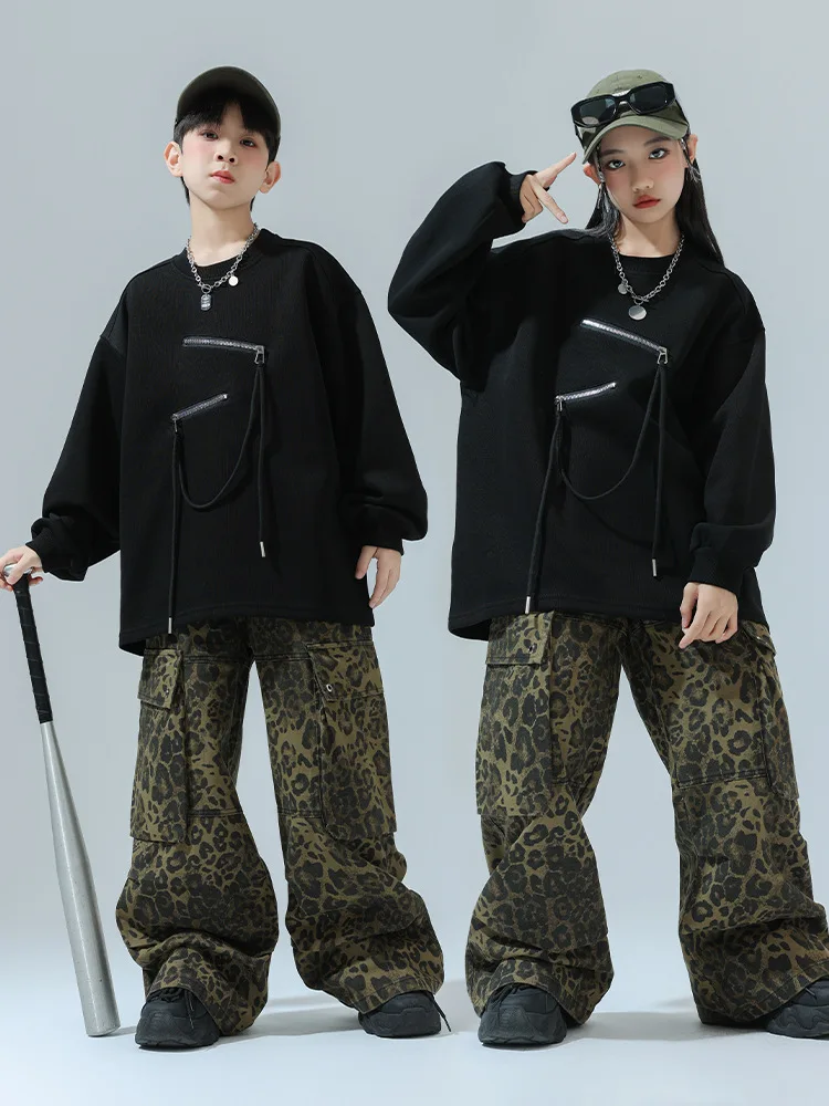 Kids Hip Hop Clothes Boys Loose Black Tops Leopard Pants Long Sleeves Jazz Practice Clothing For Girls Kids Street Wear BL14664