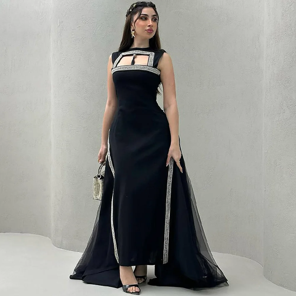 

Simple Jersey O-Neck Customized Evening Dress Elegant Panel Train Cocktail Dresses Fashion Crystal Special Occasion Gowns