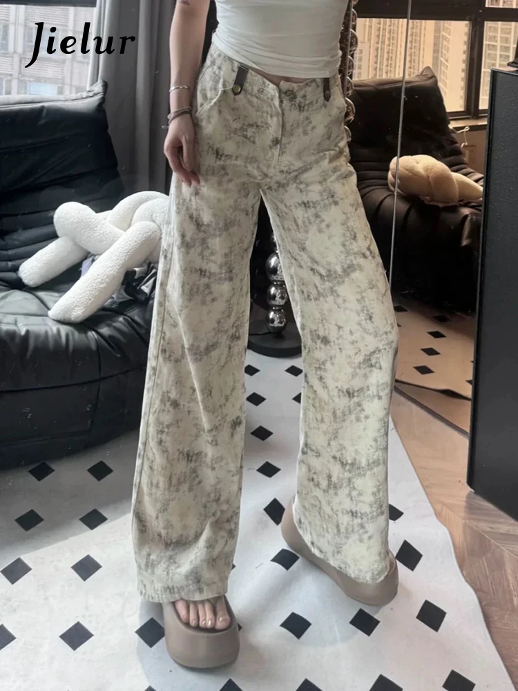 Summer Loose Full Length Casual Street Basic Women Jeans American Vintage Fashion Simple Tie Dye Printing Female Wide Leg Pants