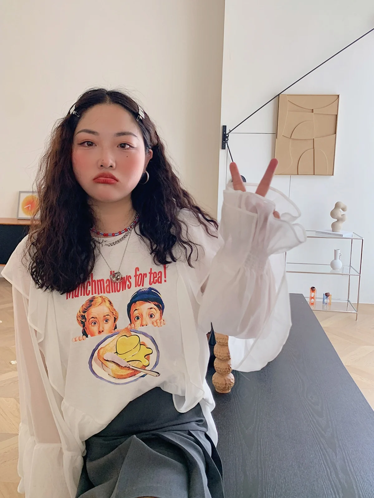 Dazi Top suelto de gasa para mujer Hermosa cobertura del vientre Faionable Sve Lace Trim Algodón Poliéster Primavera ort Sve rou...