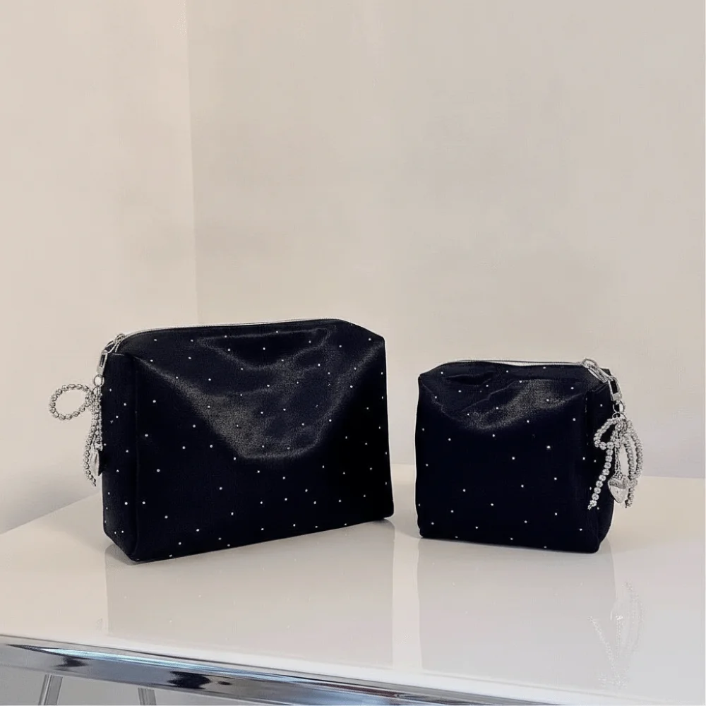 Elegant Luxury Sequin Cosmetic Bag Handheld Portable Cosmetic Organizer Beaded Bowknot Zipper Rhinestone Handbag Carry-On