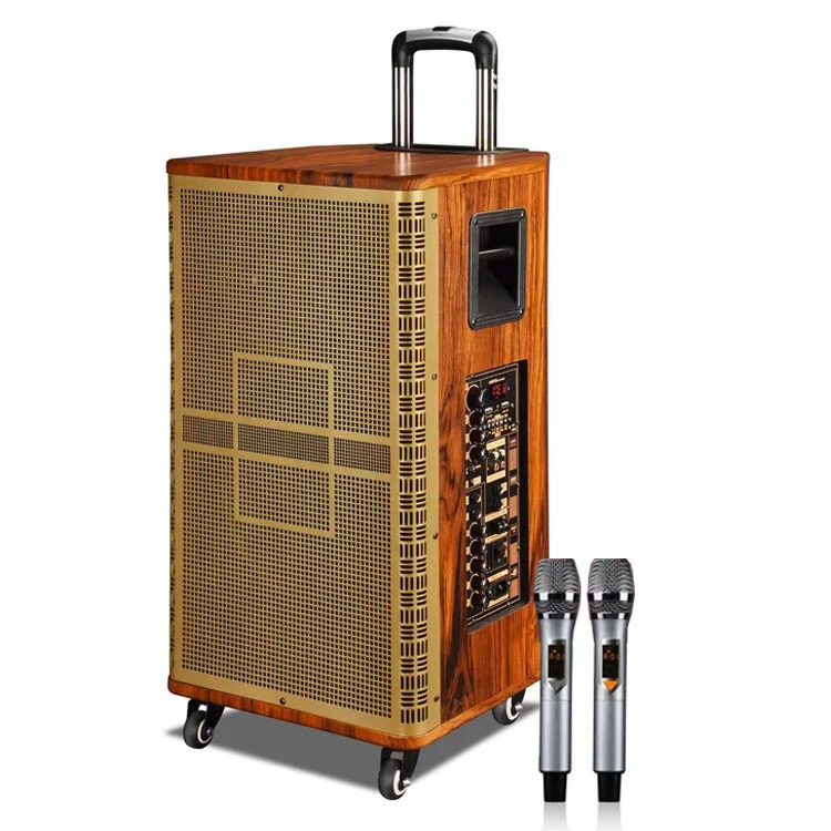 

NEW ARRIVAL Big Powerful Wooden Outdoor Trolley Speaker 12 Inch Rechargeable Active Trolley Speaker with Two UHF Wireless MIC