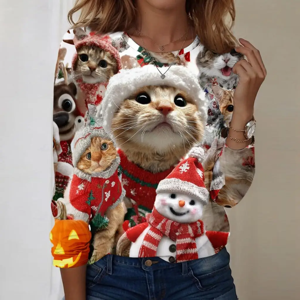 Christmas Limited Edition Women's 3D Christmas Gift Kitten Print Round Neck Long Sleeve T-shirt Fashion Casual Long Sleeve Top