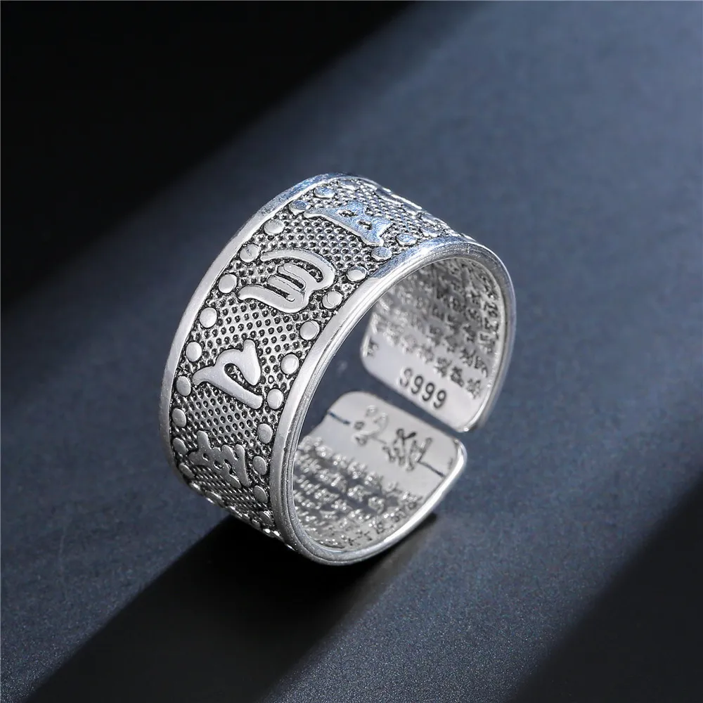 Six Characters Mantra Heart Sutra Ring Opening Vintage Thai Silver S925 Sterling Silver Ring Men's and Women's