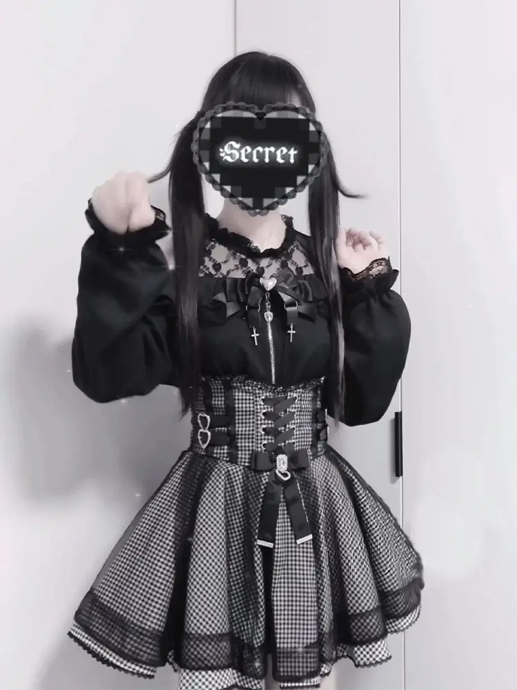 Осенний новый японский комплект из 2 предметов Darkly, женский дизайн, готические милые кружевные футболки с длинными рукавами, модная ретро клетчатая короткая юбка с бантом