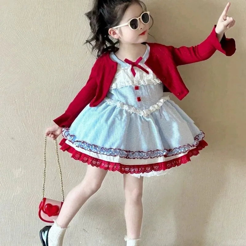 New Arrival Toddler Girl Blue White Checkered Gown, Angel Sleeve Bowknot Puffy Party Dress for 90-140cm
