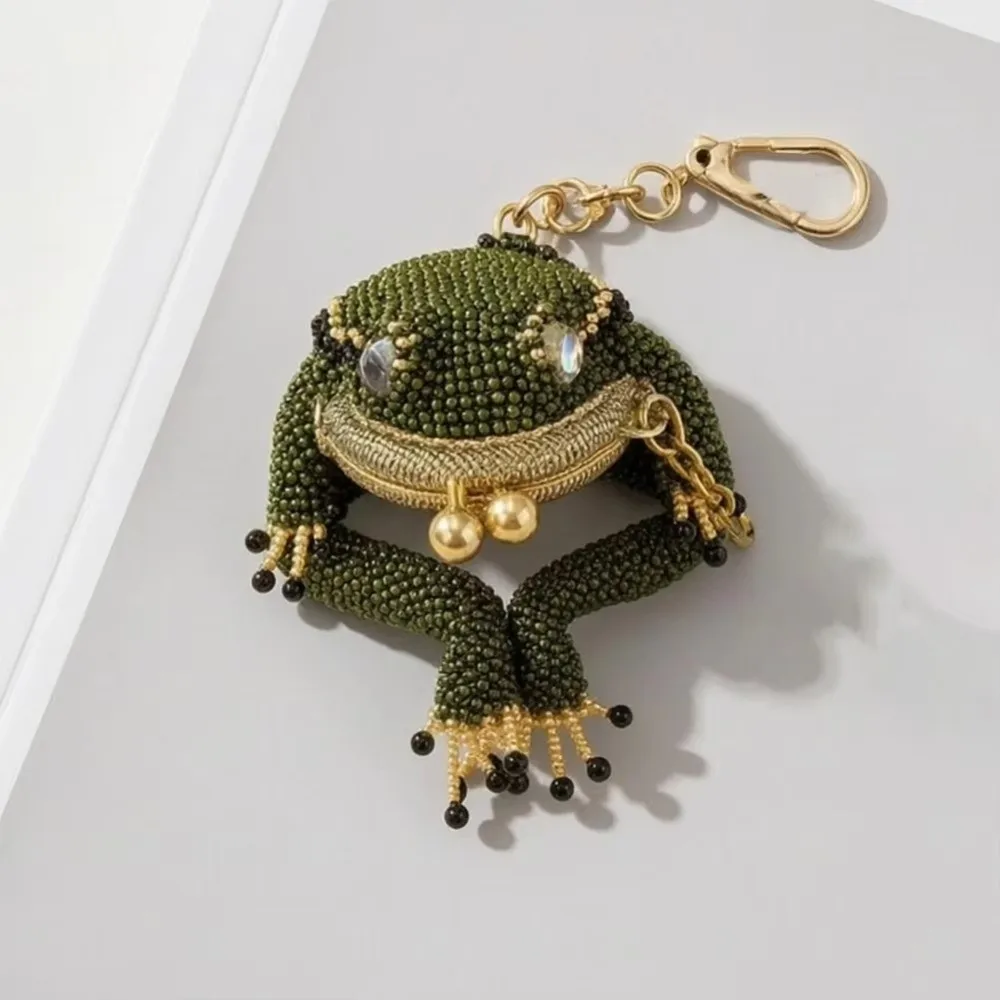 Mini Charming Frog Coin Purse 3D Cartoon Style Beaded Earbud Storage Pouch Kiss Lock Closure Keychain Coin Purse