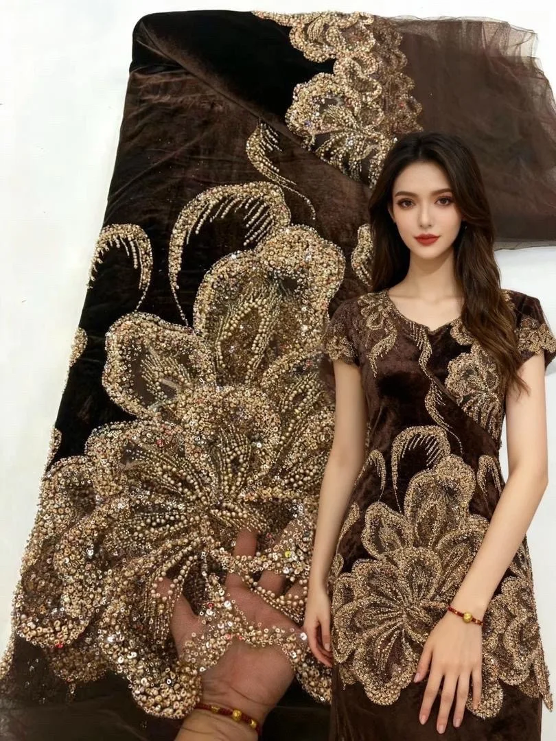 

Brown African Velvet Lace Fabric 2025 High Quality With Beaded Embroidery French Nigerian Sequins Lace Fabric For Wedding Dress
