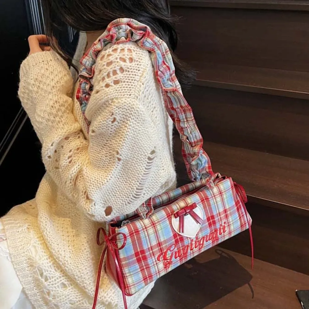 

Drawstring Shoulder Strap French Stick Handbag Bow Ribbon Pleated Plaid Shoulder Bag Large Capacity Korean Style