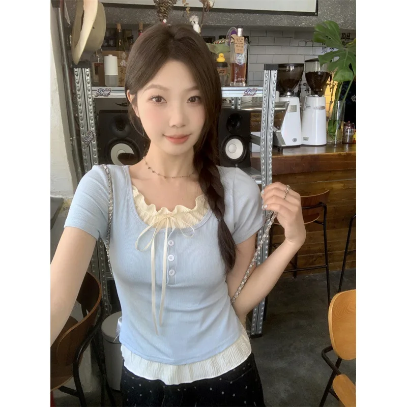 

Sweet Korean Style Summer New Fashion Slim Fit Short Sleeve Fake Two-Piece Design Ballet Wind Top Women's Fashion College Style