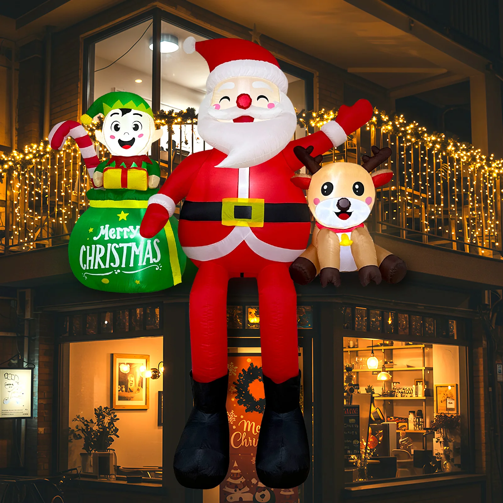 8FT Christmas Inflatables Outdoor Decorations, Climbing Santa Claus Inflatable Xmas Decor with Elf & Reindeer Yard Decorations