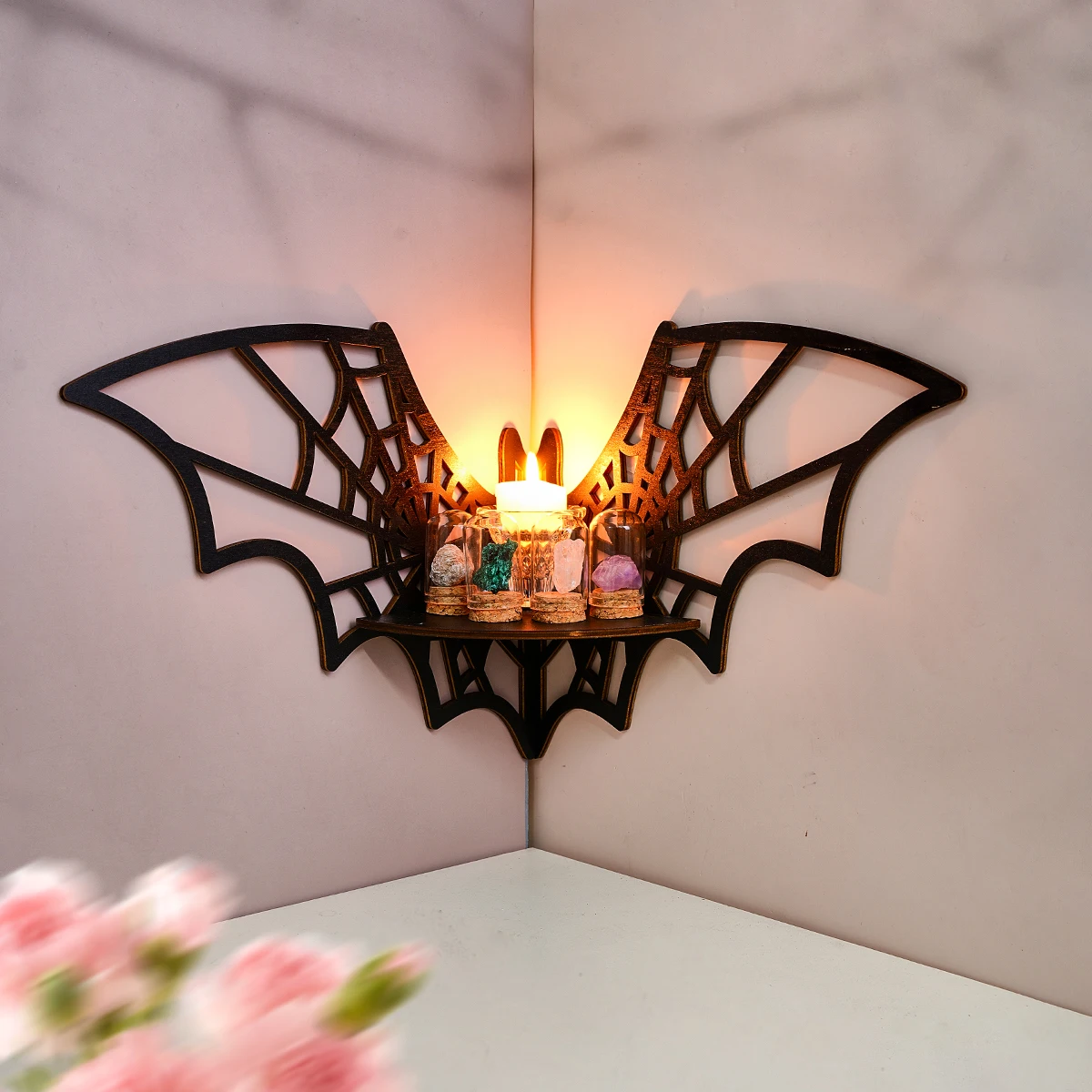 1 Stück, Einfaches Wandregal mit Nägeln (ohne Nägel), Schwarze Spinnennetz-Fledermaus-Wanddekoration, DIY Montierbares Holz-Aufbewahrungsregal