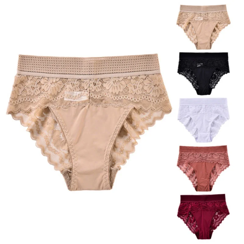 Women's High Waisted Underwear Widened Waistband Lace Lingerie Splicing Seamless Briefs Sexy Semi Transparent Panties