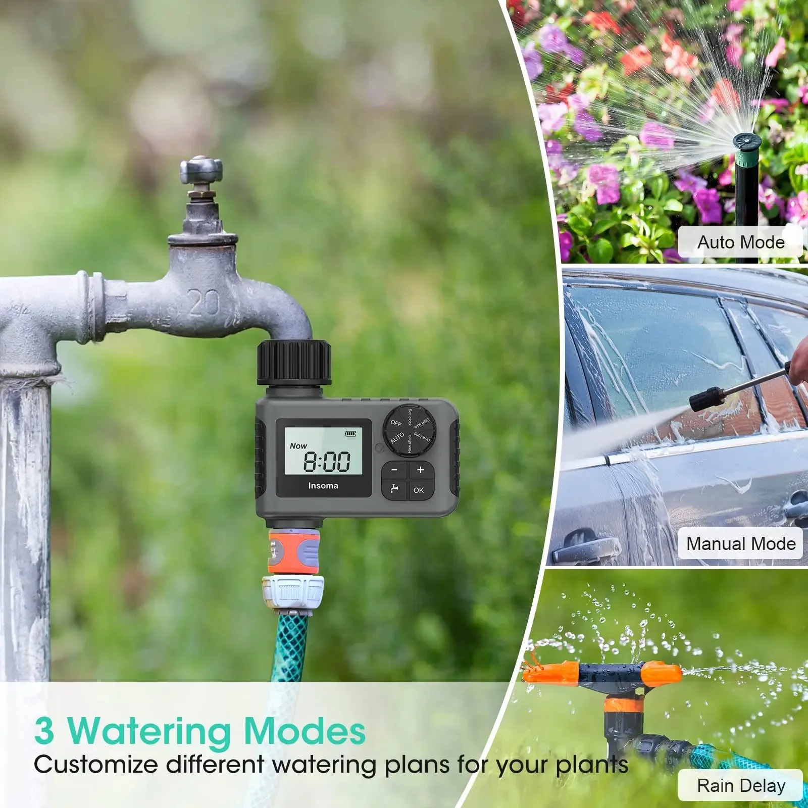 INSOMA Automatic Water Timer Intelligent Irrigation Watering System Sprinkler Timer Garden Programmer Equipment LCD Display IPX5