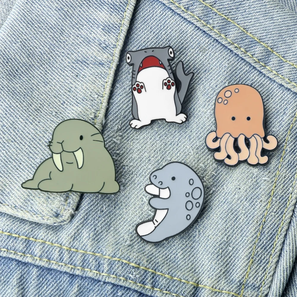 Cartoon Marine Animals Enamel Pin Cute Shark Squid Dolphin Walruse Brooches Lapel Badge Ocean Creature Jewelry Gifts for Friends