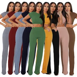 Women knitted long sleeve o-neck crop top wide leg pants 2 piece set for female women tops pants two pieces sets women's suits