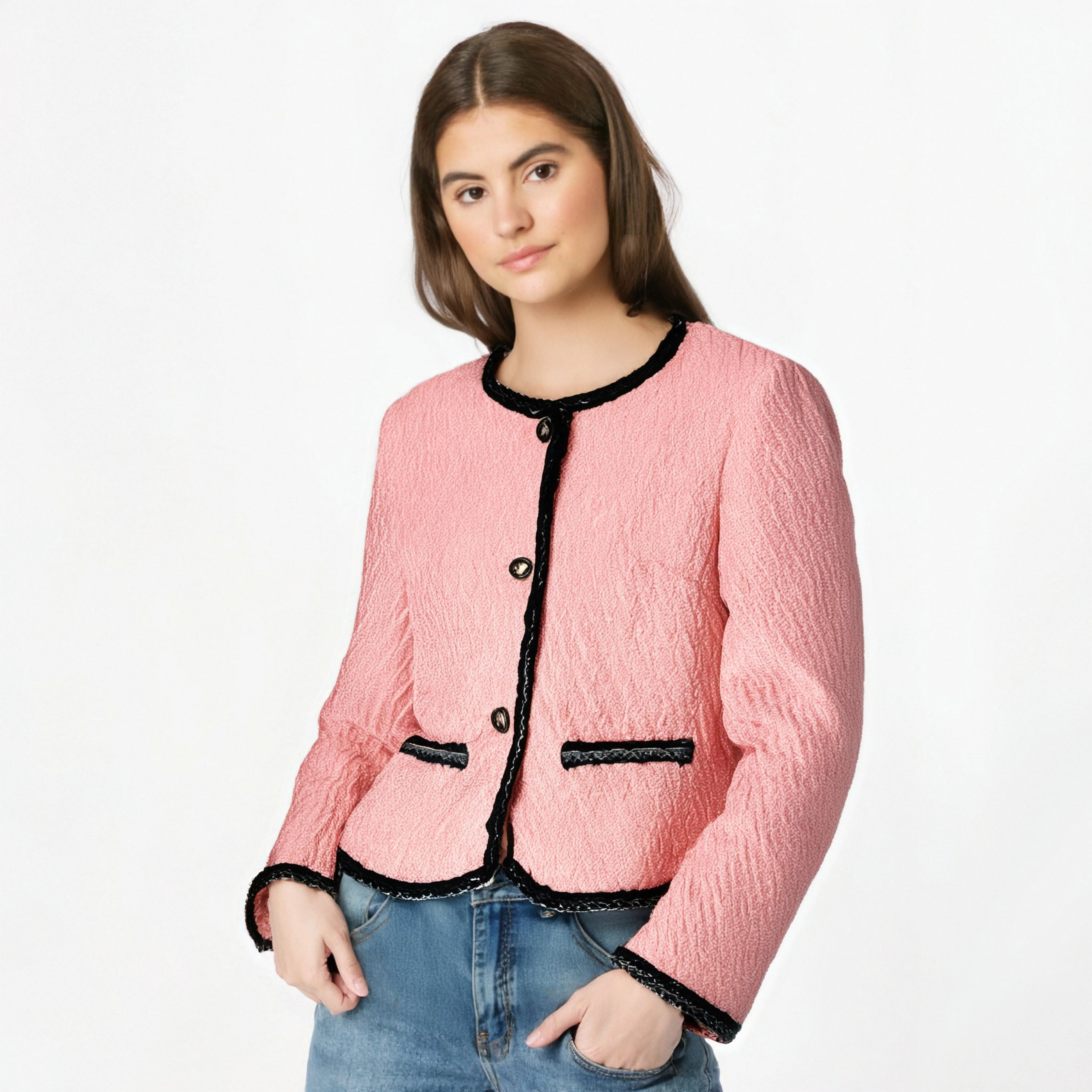 

Pink round Neck Jacket Anti-Aging High-End Fashion Elegant Socialite Style Small Fragrance Elegance for Women