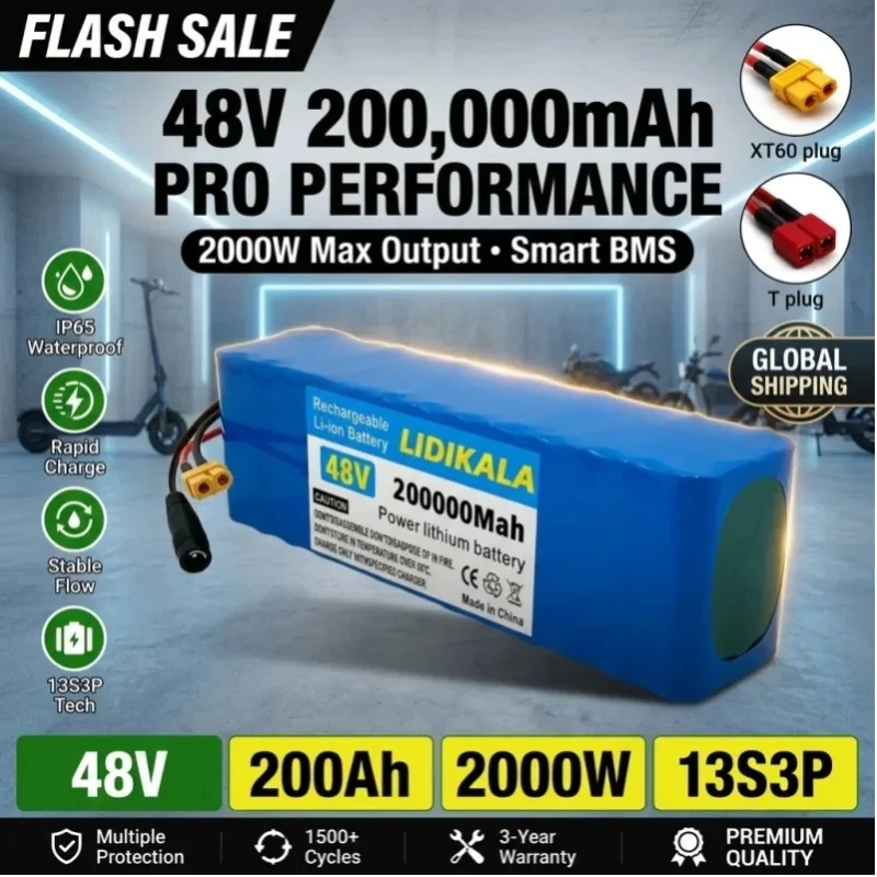 48V 13S3P 200Ah 18650 Li-Ion Batteriepack 2000W, eingebautes BMS mit 54,6V Ladegerät, Notstrombatterie für Elektroroller