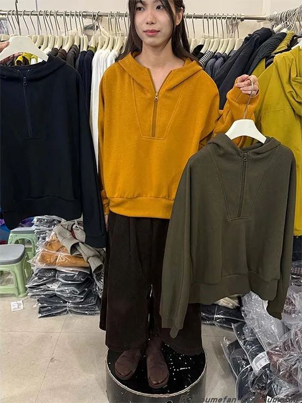Fall 2025 Women's Casual Faionable Hooded Semi-Zip Long Sve T-irt Base Layer Versatile Sweatirt Top Korean Sle