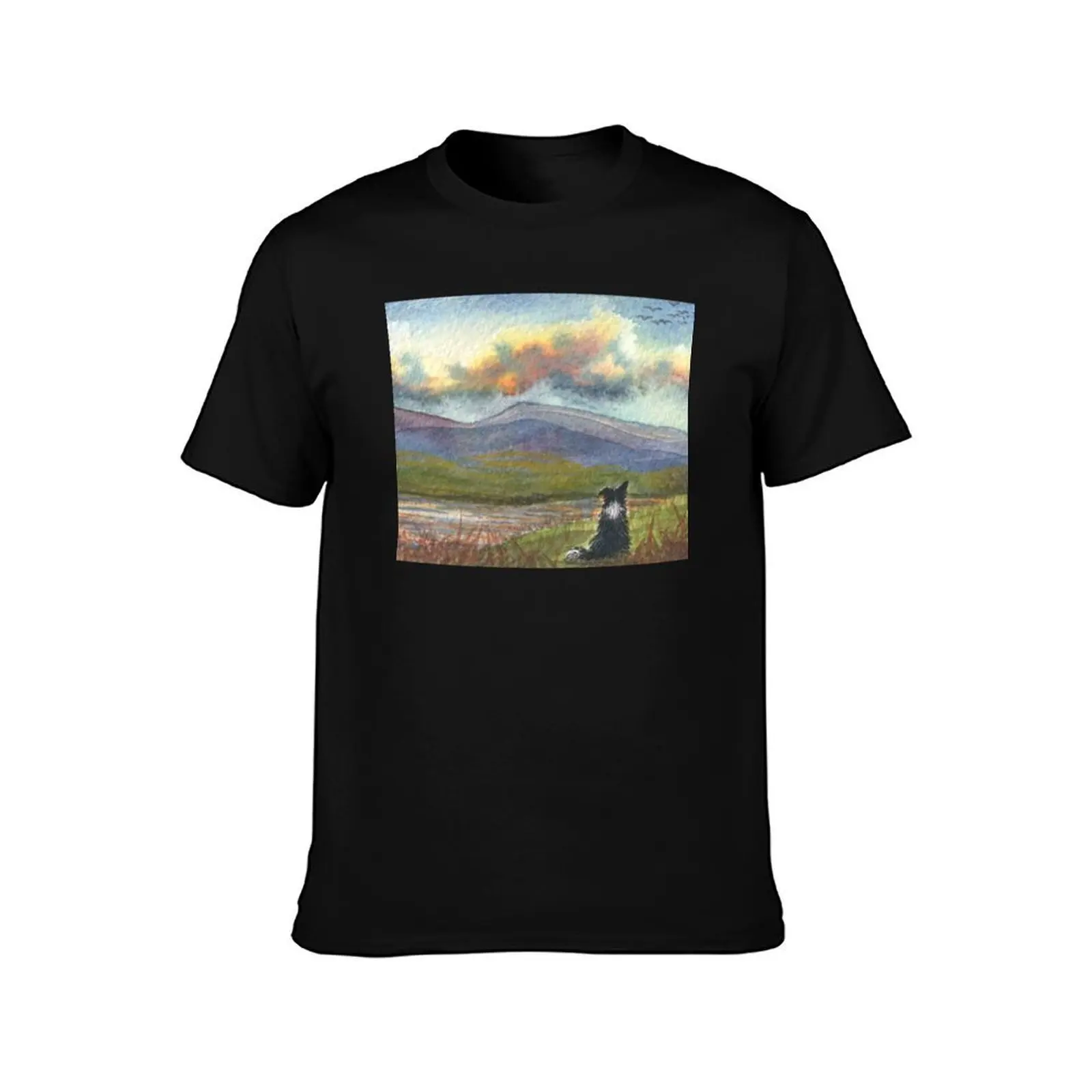 Border collie dog meditates on the hills and mountains before him T-Shirt Fitness Quick Dry Short Sleeve Top T-Shirt