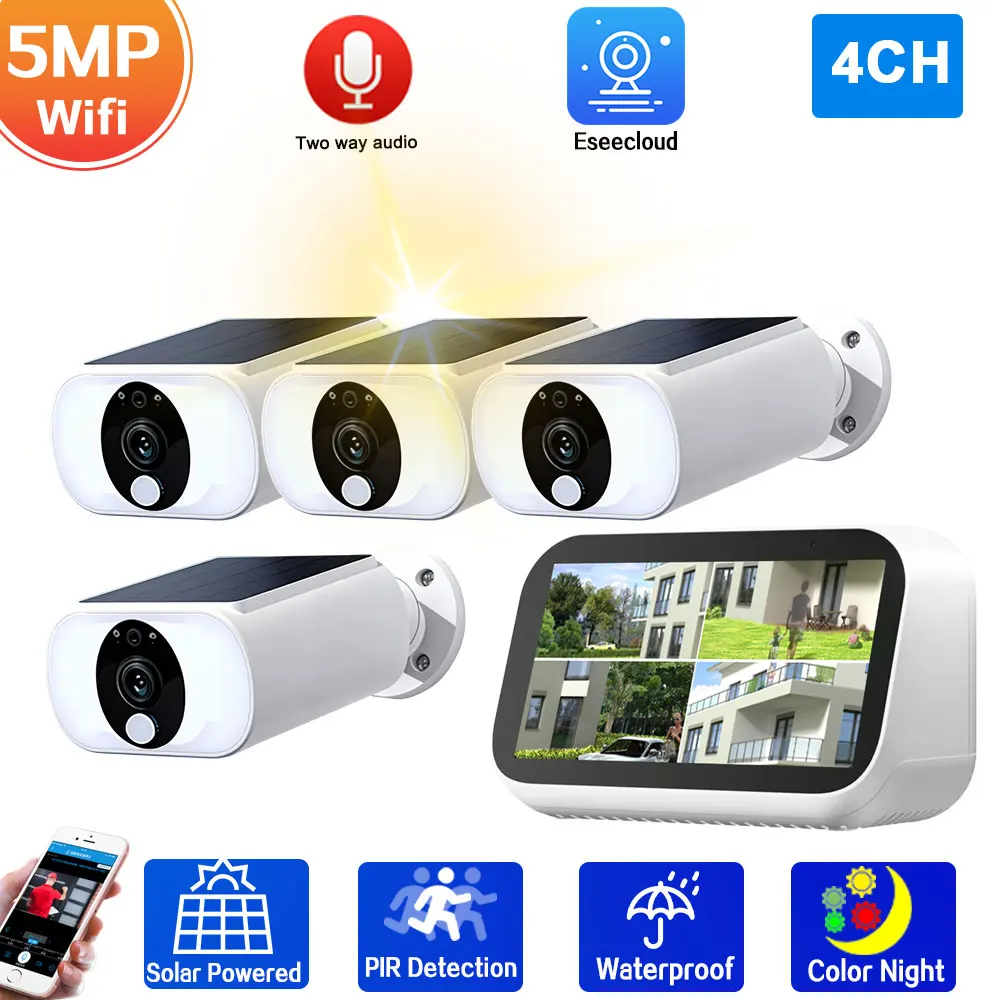 

2 Way Audio 5MP 4CH 4.3 Inch LCD NVR CCTV Kit Outdoor Waterproof Solar Wifi Bullet Camera Security Surveillance System 4CH Set
