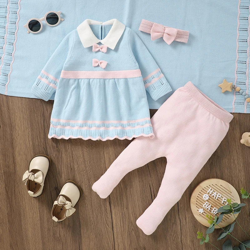 Fashion Infant Girls Sweaters Clothing Cute Bowknot Knitting Newborn Turtle Neck Long Sleeves Dress Tops+Trousers+Blankets Suits