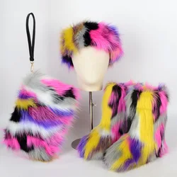Women Winter High-end Fur Snow Boots Non-slip Women's Shoes Fashion Color Warm Plus Velvet Cotton Boots Warm Headband Handbag