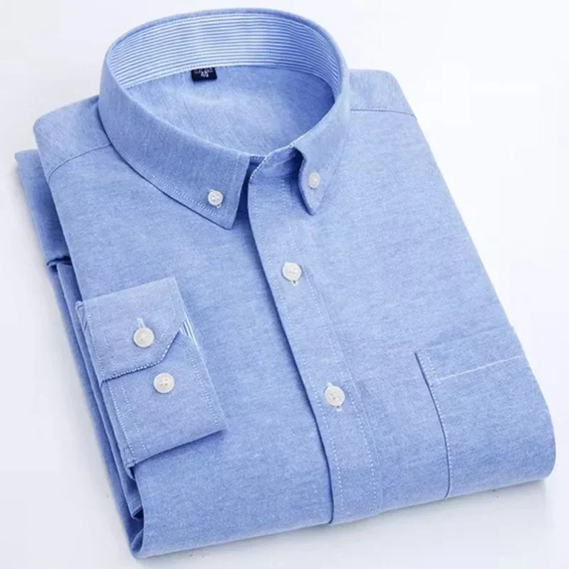 Camisa informal Oxford de manga larga a rayas para hombre, camisa informal con bolsillo frontal y cuello abotonado de ajuste Regular, camisas de trabajo gruesas Yyqwsj