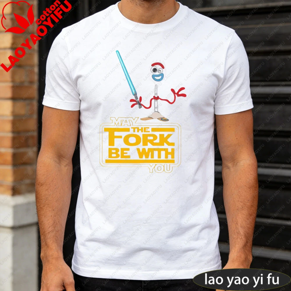 Möge die Gabel bei dir sein Forky Jedi Grafik-T-Shirt Lustiges Meme-Print-Shirt für Männer und Frauen Unisex Mode Rundhals-Baumwoll-T-Shirt – Detail 1