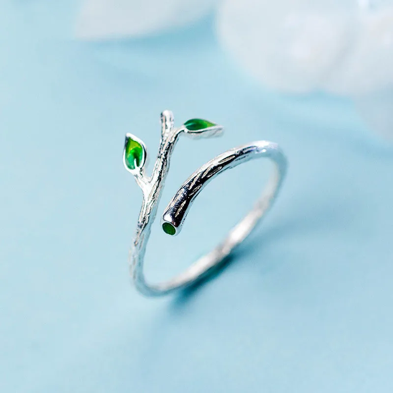 

100% 925 Sterling Silver Plant Open Ring for Woman Girl Simple Branch Drop Glaze Leaf Design Jewelry Party Gift Dropshipping