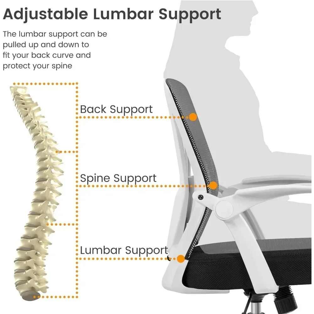 Sedia da ufficio ergonomica Sedia da scrivania in rete con braccioli ribaltabili Sedia girevole regolabile con supporto lombare per ufficio domestico Bianco