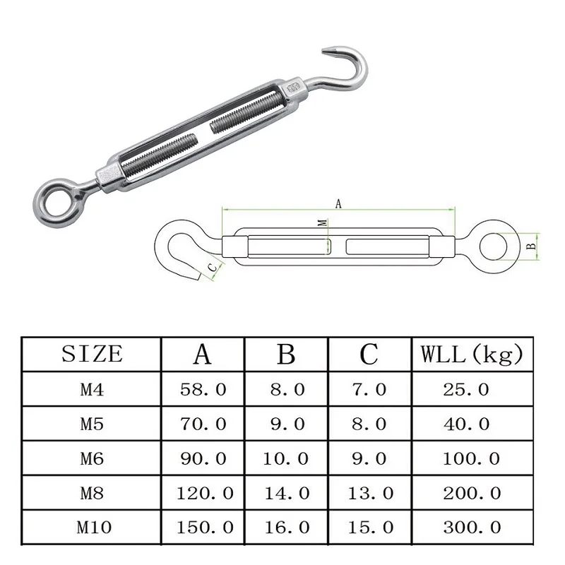 5PCS Hook And Eye Turnbuckle  304 Stainless Steel Wire Rope Tension Polished Rigging Hardware For Sun Shade Sail