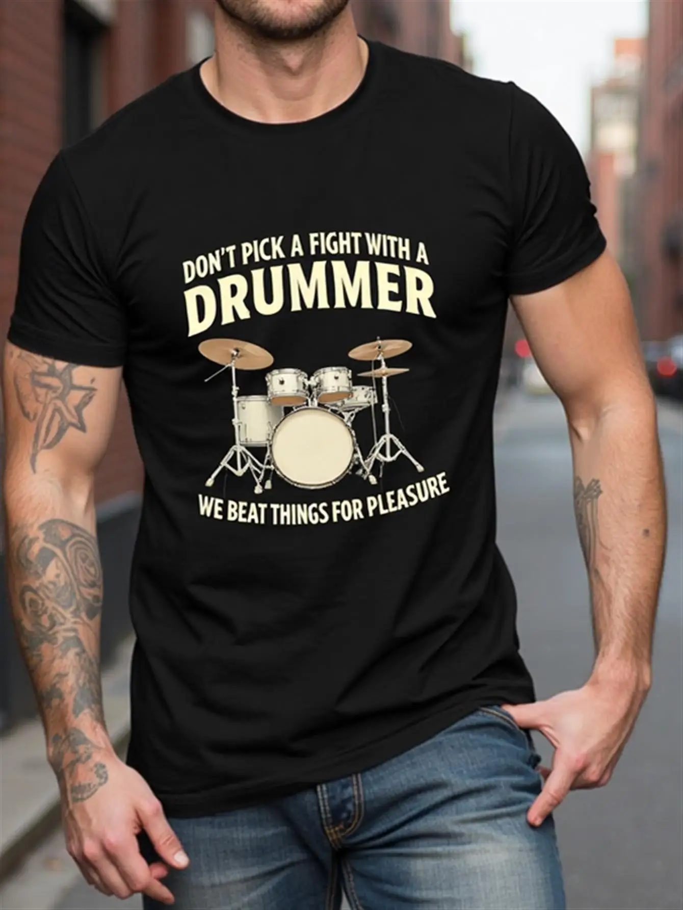 

Men's Bold Geometric Print T-Shirt with Drummer Theme Design, Soft Fabric, Vintage Style, Perfect Choice for Music Lovers, Regular Fit, Easy Care, Holiday Gift, Pure Cotton Muscle Shirt for Men