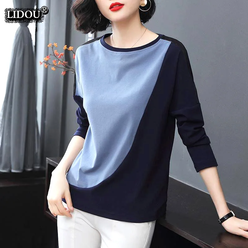 Office Lady Fashion Patchwork O-neck Skinny Long Sleeved T-shirts Spring Autumn Asymmetrical Top Popularity Women\'s Clothing