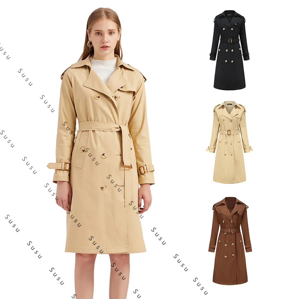 

2025 new European size trench coat women's long waist cotton fashion coat long sleeve lapel WISH hair