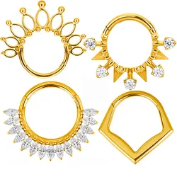 ASTM F136 Titanium Nose Rings PIERC Fan-shaped and Side CZ Ring Hoop EAR Hinged Clicker Earring Labret Tragus Ring Body Piercing