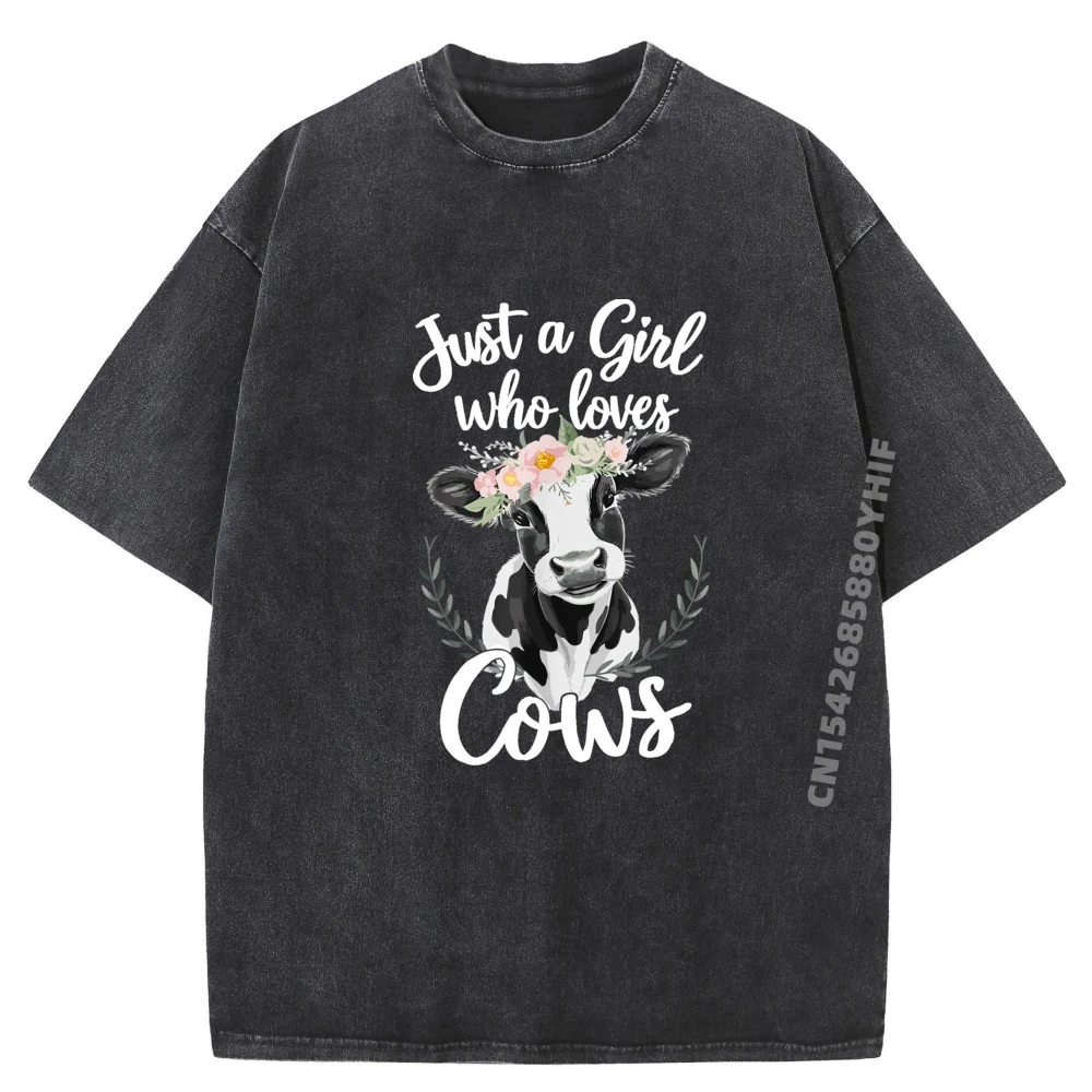 

Cow Lover Just A Girl Who Loves Cows Mens Clothing Plus Size Adult T-shirt Retro Washed Tshirt Daily Wear