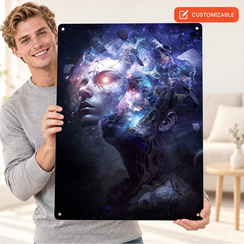 Celestial Wolf Seeking Stars Aluminum Poster Personalized Metal Sign Surreal Cosmic Illustration Wall Art In Study Birthday Gift