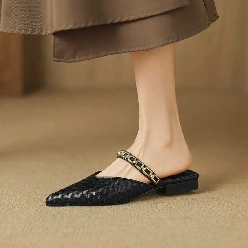 Women Slippers Pointed Toe Design Shallow Slip on Thin Low Heels Black Flock Design Casual Mules Loafers Black Outdoor