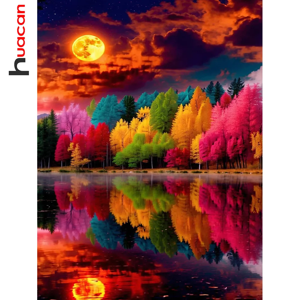 Huacan Full Square Round Drill Diamond Painting Sunset Moon River Diamond Mosaic Landscape Art Decorative Paintings