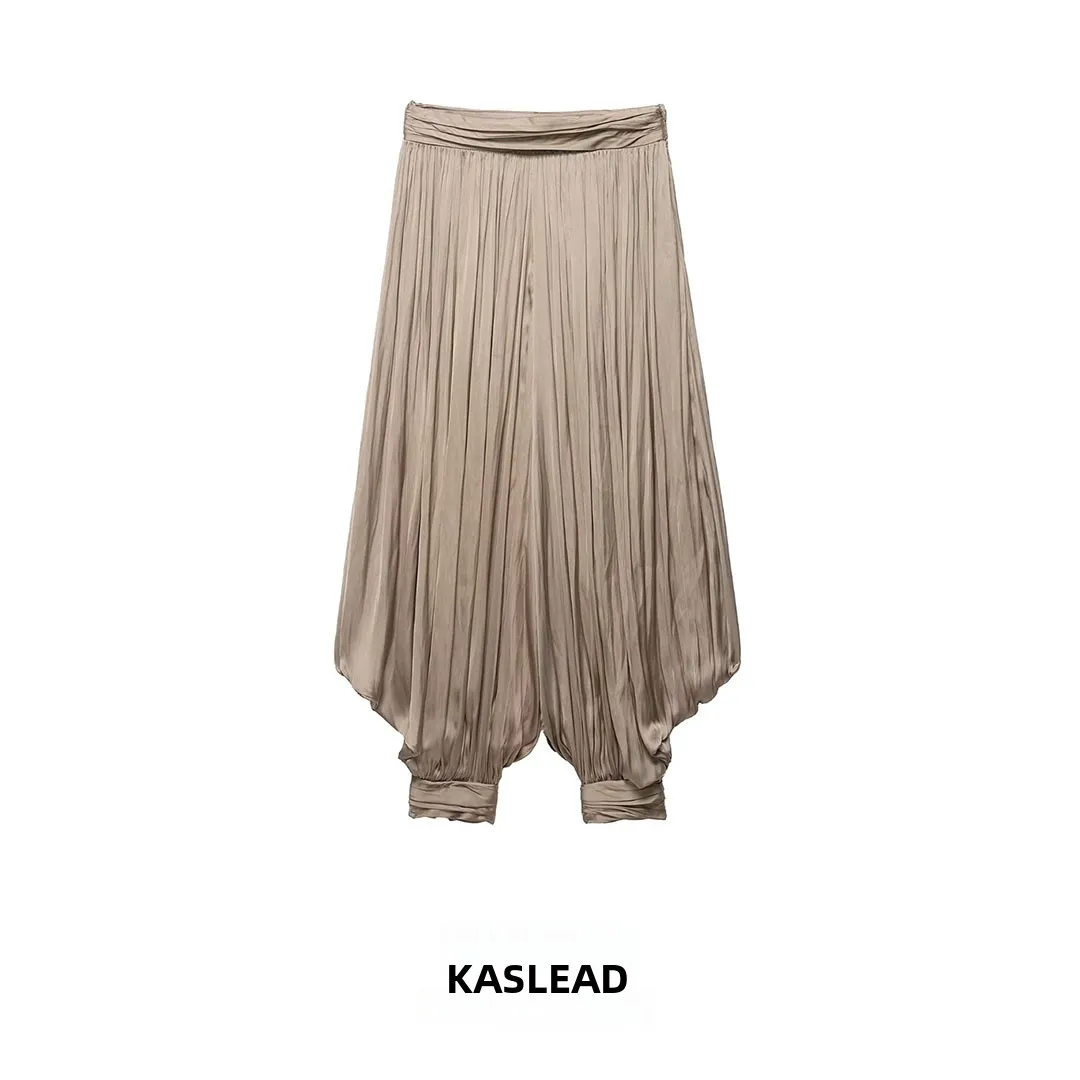 KASLEAD New Women's Fashionable Loose Pants with Small Pleats Versatile Casual Lantern Pants Polyester Fiber Natural Waist