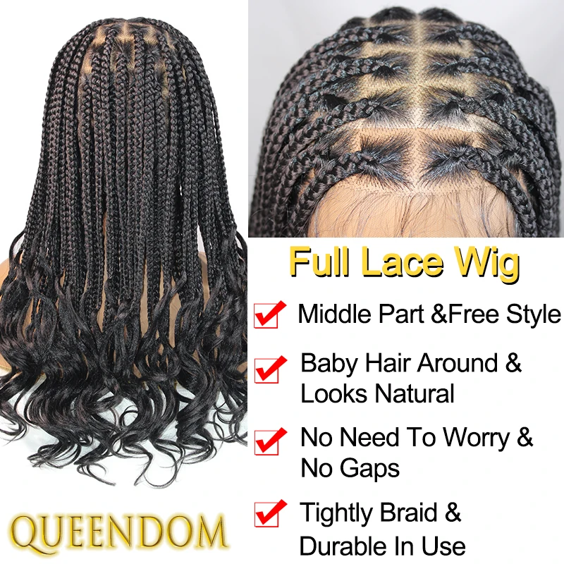 Full Lace Synthetic Cornrow Braided Wig 18 Inch French Curl Braid Wig with Wave Curly Ends Knotless Box Braids Crochet Plait Wig