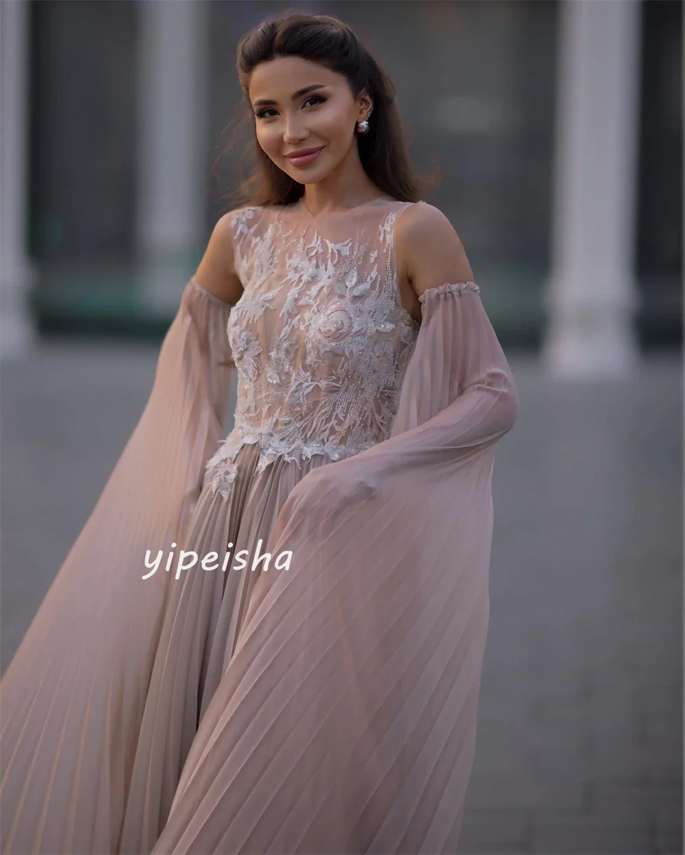 Customized Chiffon Sequined Flower Beading Ruched Prom A-line High Collar Bespoke Occasion Gown Long Dresses