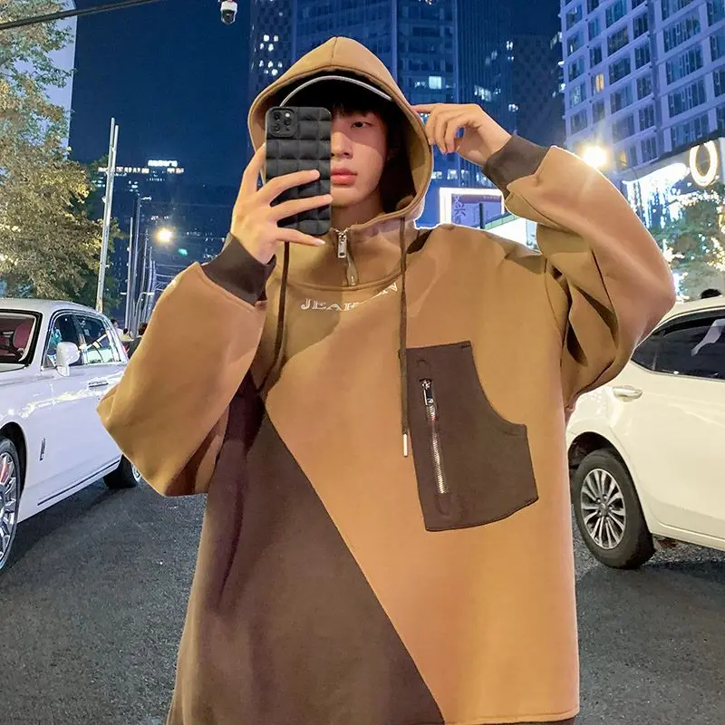 New retro half-zip sweatshirt men's trendy brand heavy spring and autumn design splicing large size jacket hoodies for men zero