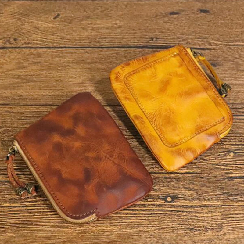 Vintage Vegetable Tanning Leather Small Coin Purse Key Bag Wallets Mini PU Leather Girls Card Storage Holder Money Jewelry Bag