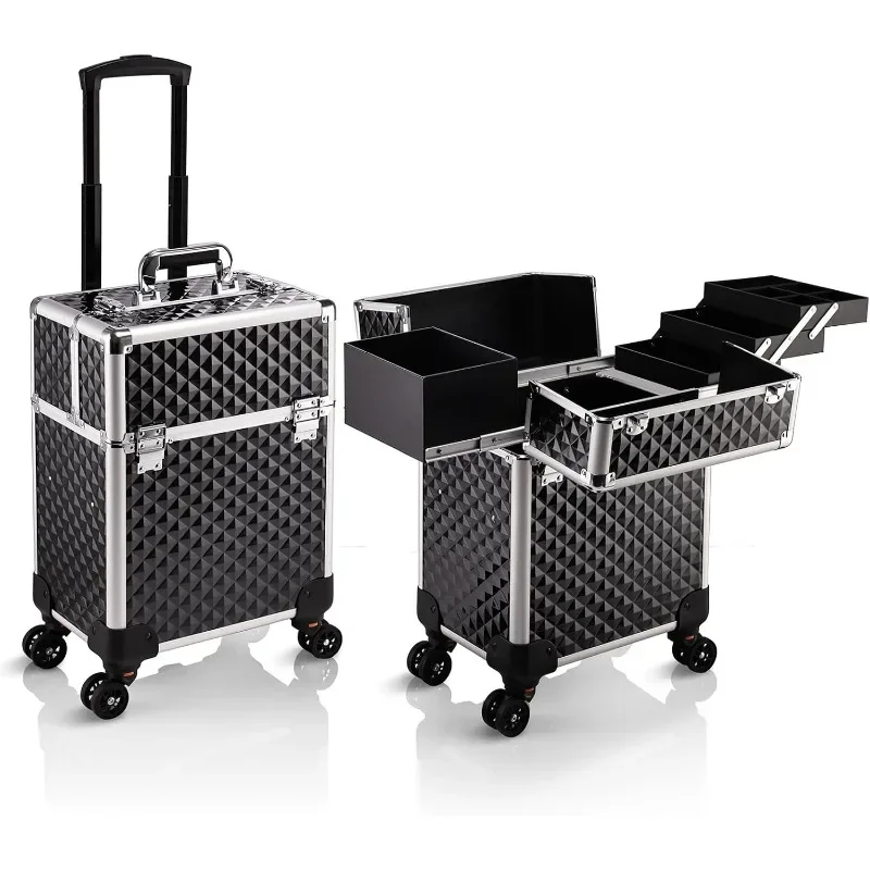 Rolling Makeup Train Case Large Storage Cosmetic Trolley 4 Tray with Sliding Rail Removable Middle Layer with Key Swivel Wheels