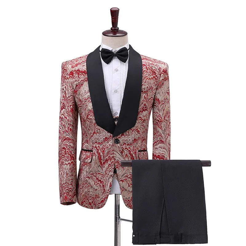 

Men Suits Burgundy Jacquard Lapel Collar Suits Three-piece Set Perform Male Host Suit Groom Suit Men