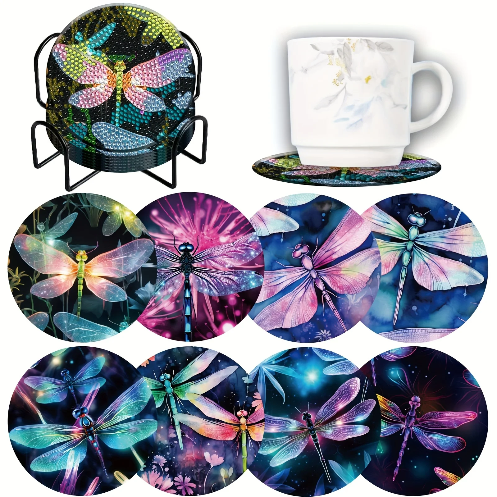 

8 pieces of colorful dragonfly style painting coasters with brackets, DIY art coaster set, suitable for beginner art and craft