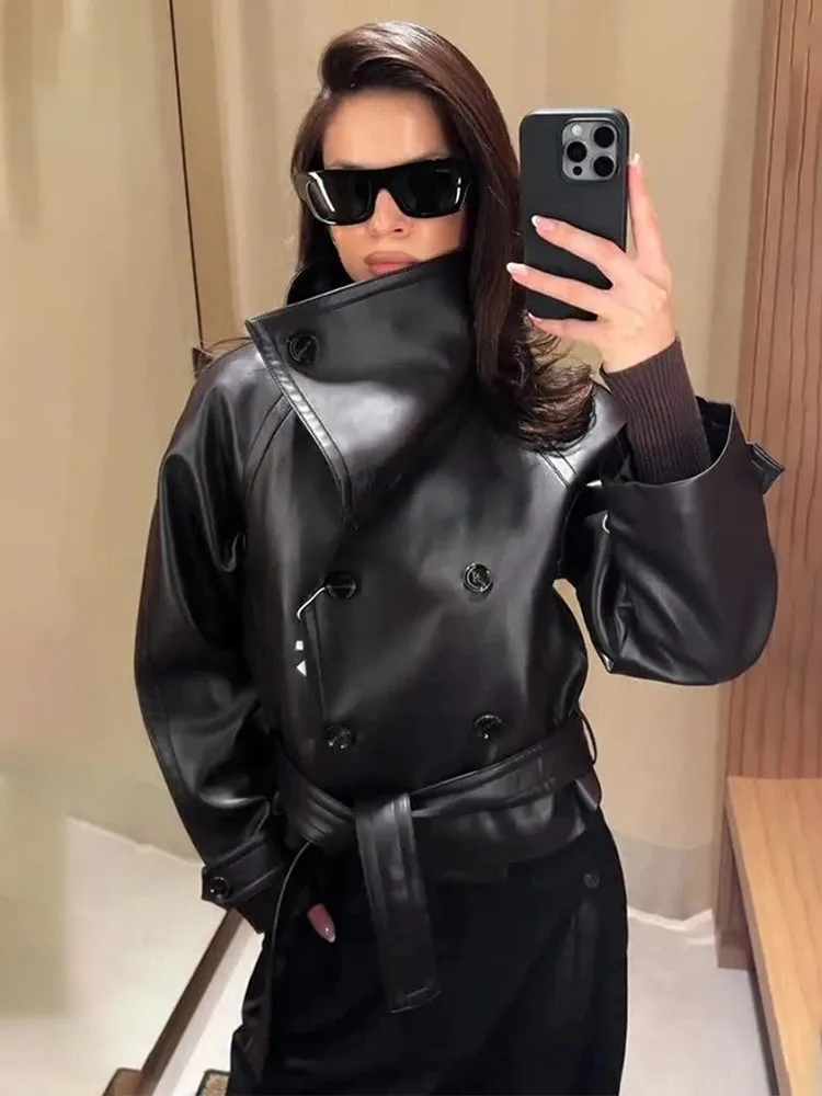 

HH Woman Long Sleeves Jackets Solid Turn-Down Collar Bow Lace Up Double Breasted Female Fashion Vintage High Street Casual Coats