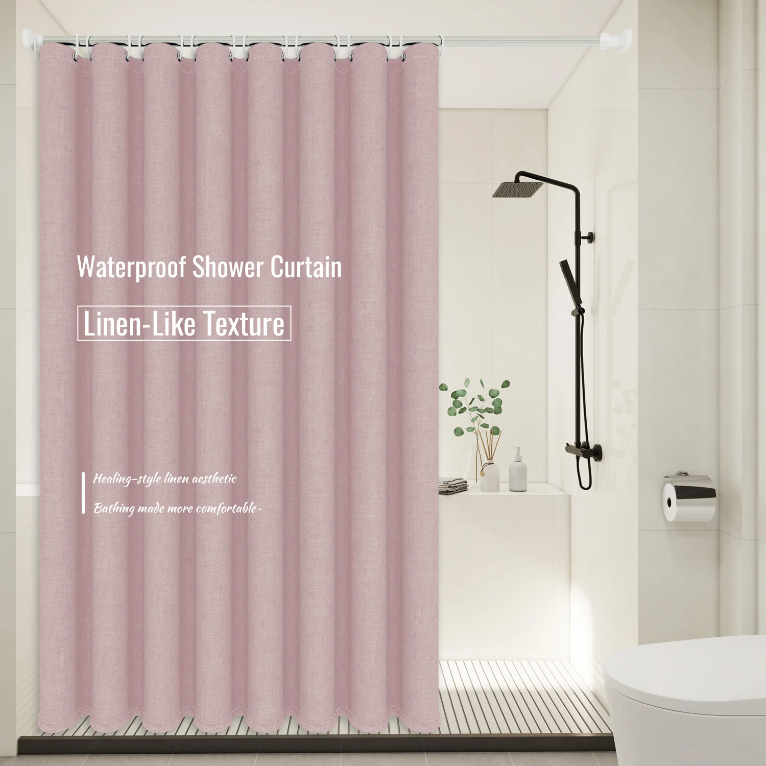 Minimalist Style Linen Texture Light Pink Shower Curtain - Thick and Substantial Polyester Fabric